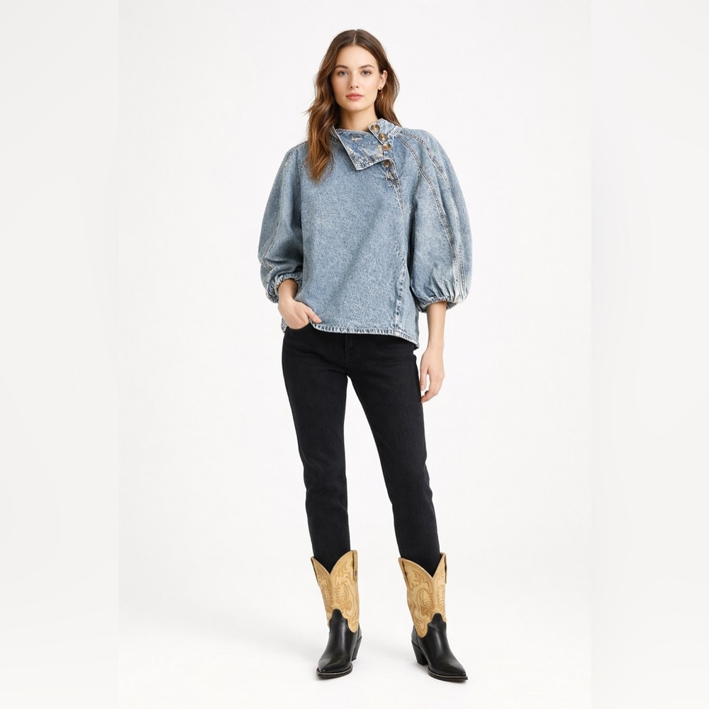 Light Wash Denim Puff-Sleeve Blouse - Light Blue